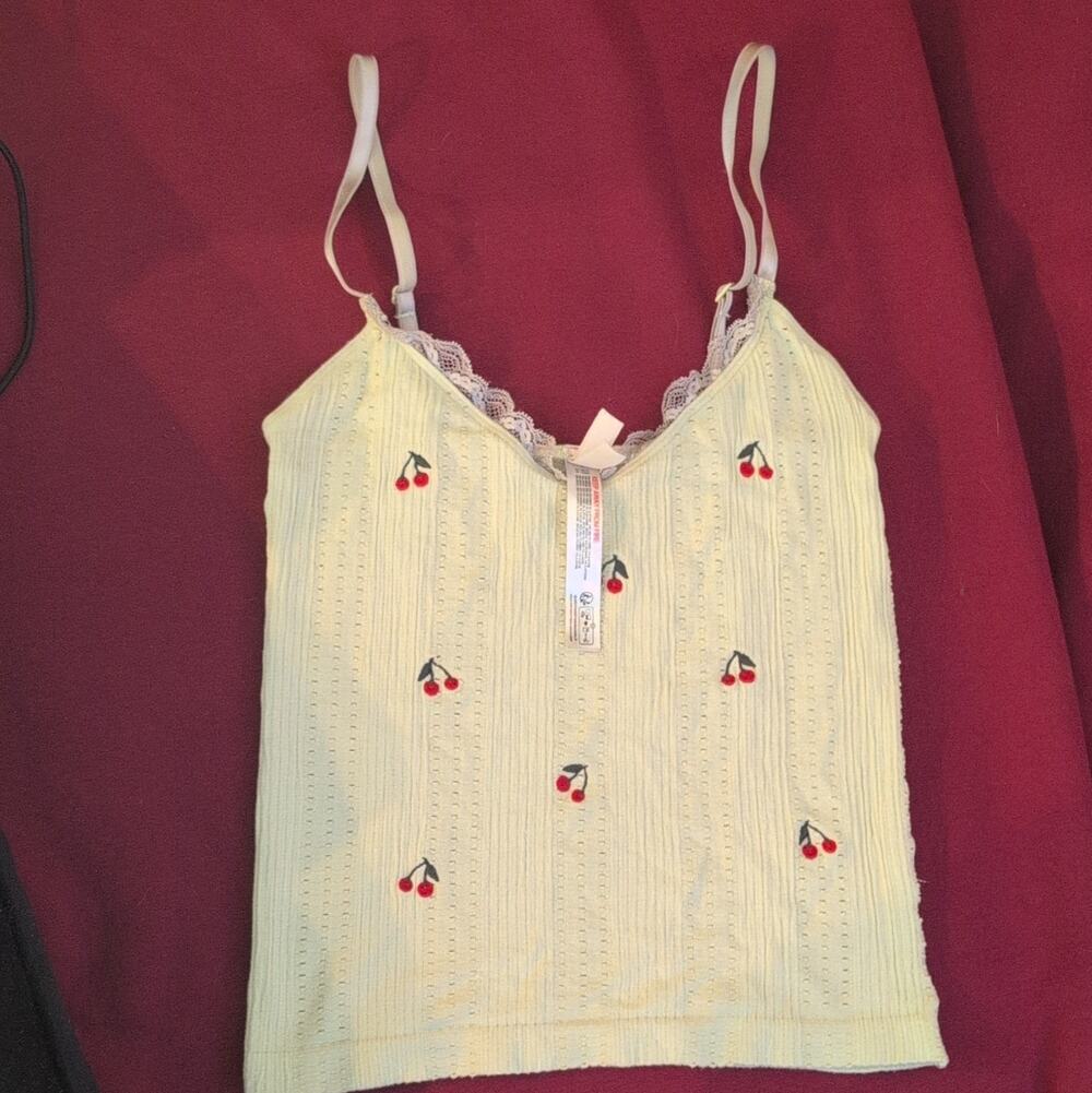 Lyrebird Women’s Yellow Cherry Lace Trim Camisole Tank Top Adjustable Strap S/M